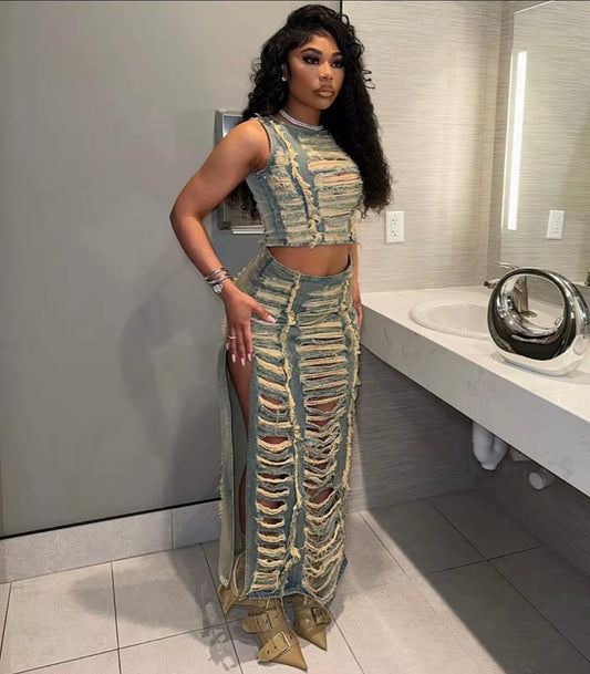 UCVOGUE denim long skirt ripped 2 piece denim set