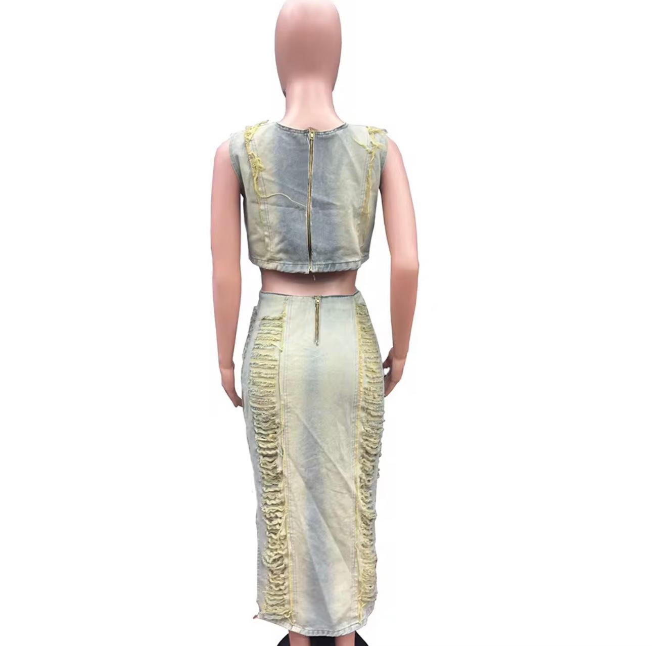 UCVOGUE denim long skirt ripped 2 piece denim set
