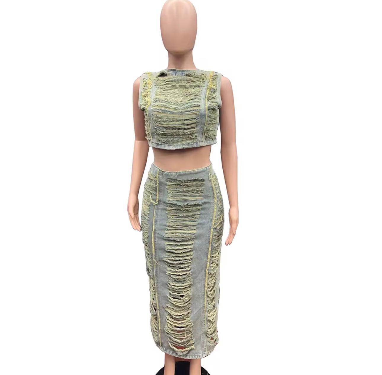 UCVOGUE denim long skirt ripped 2 piece denim set