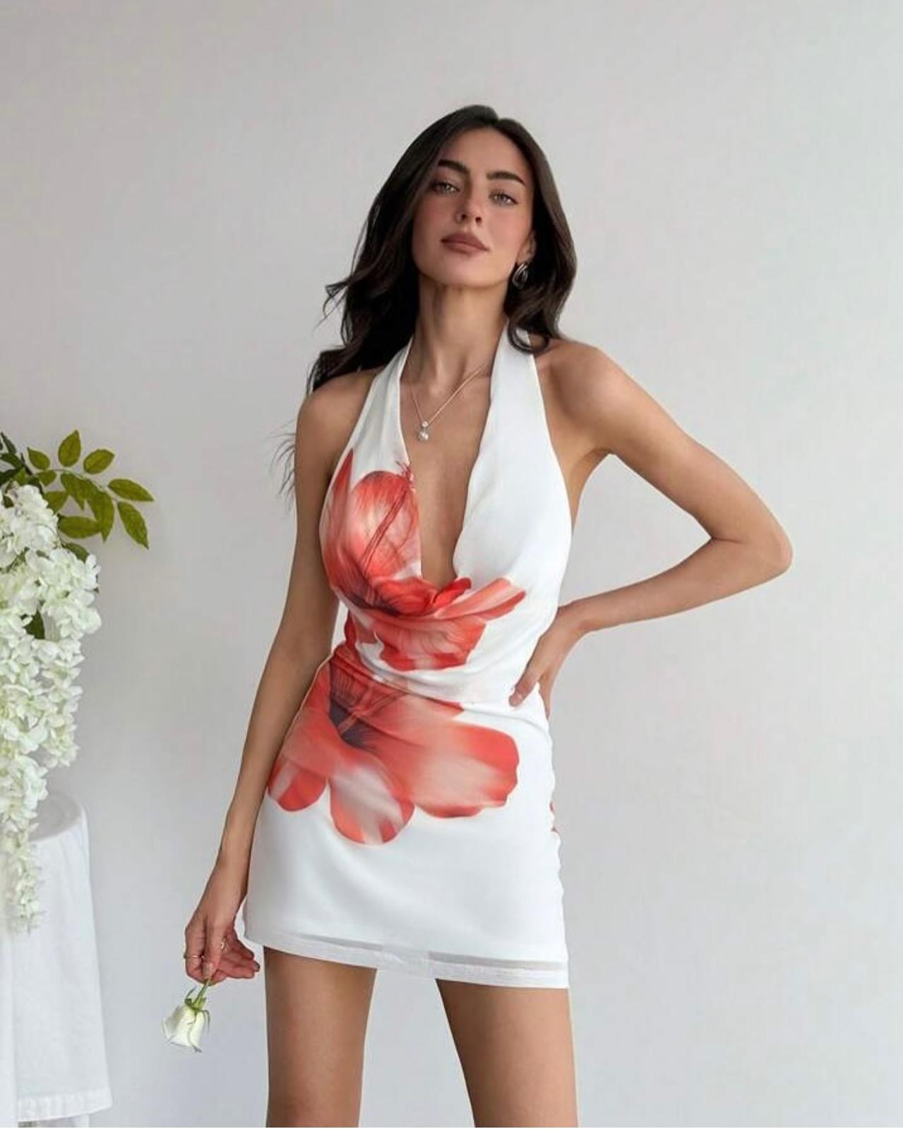 Clara hibiscus flowers open back short dress