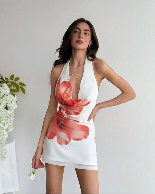 Clara hibiscus flowers open back short dress