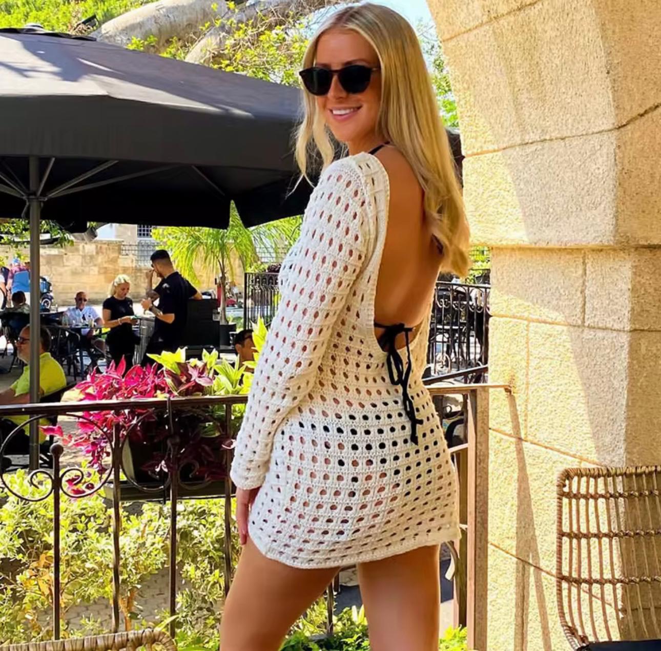 UCVOGUE sexy bikini white crochet cover-up summer beach dress