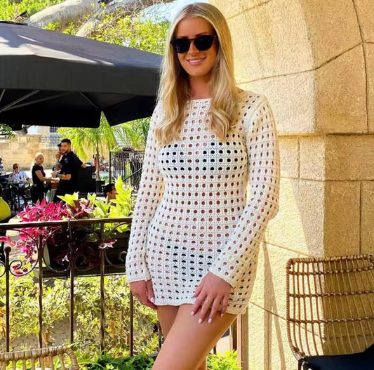 UCVOGUE sexy bikini white crochet cover-up summer beach dress