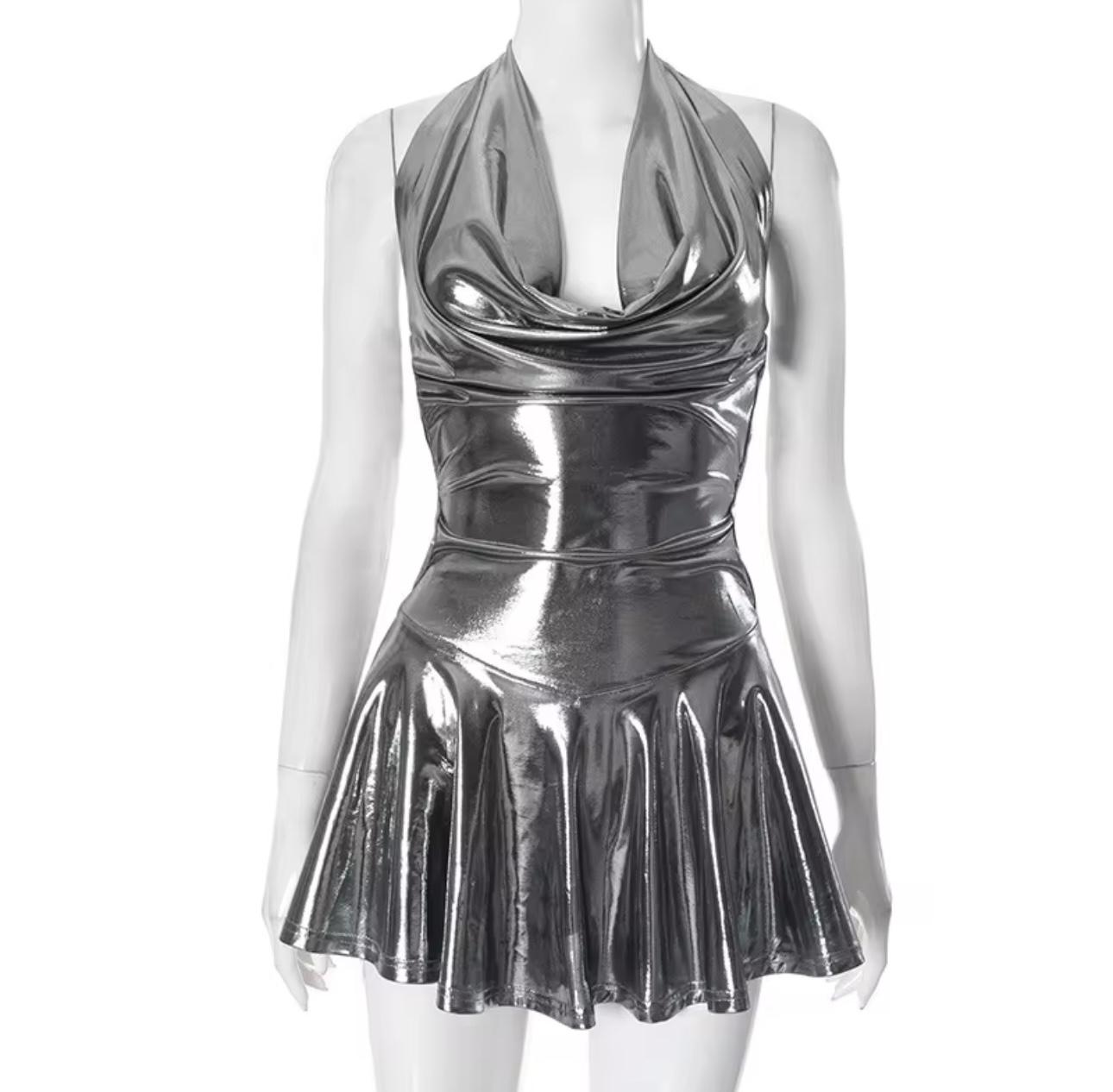 UCVOGUE Silver sexy ruffles mini dress