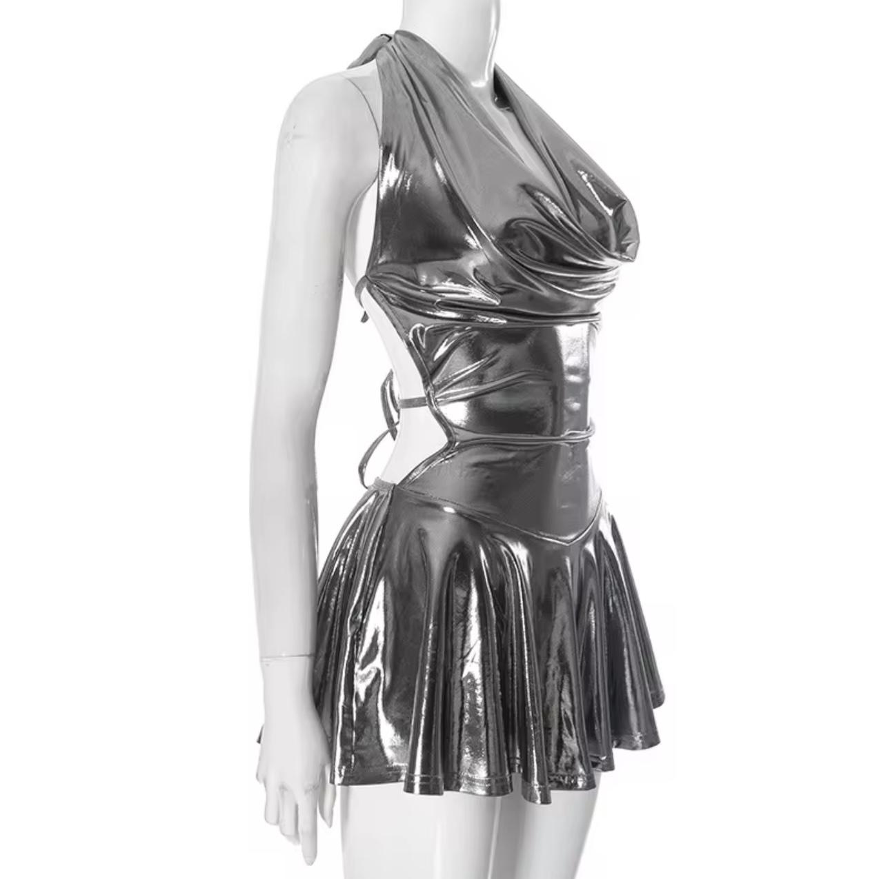 UCVOGUE Silver sexy ruffles mini dress