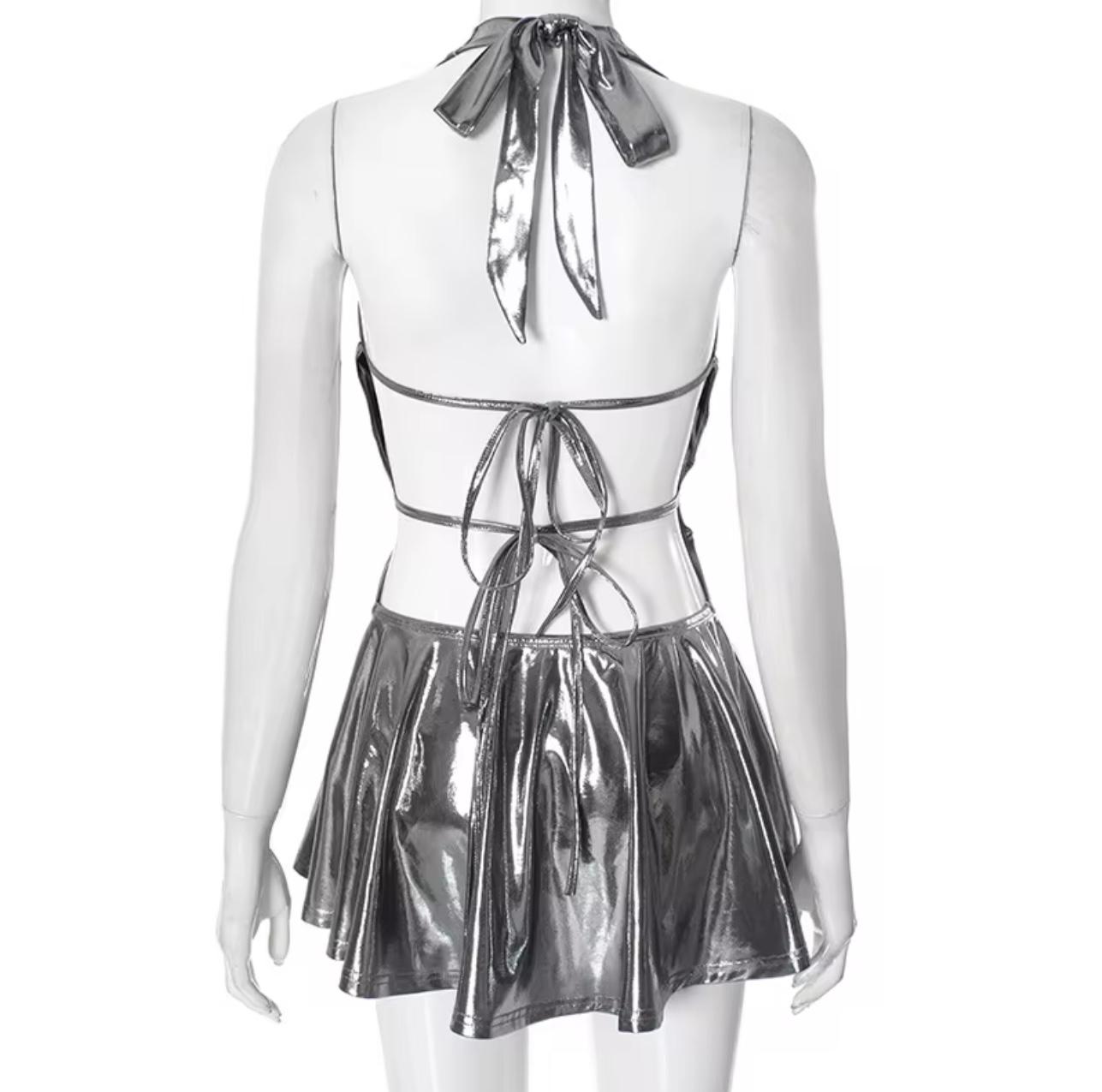 UCVOGUE Silver sexy ruffles mini dress