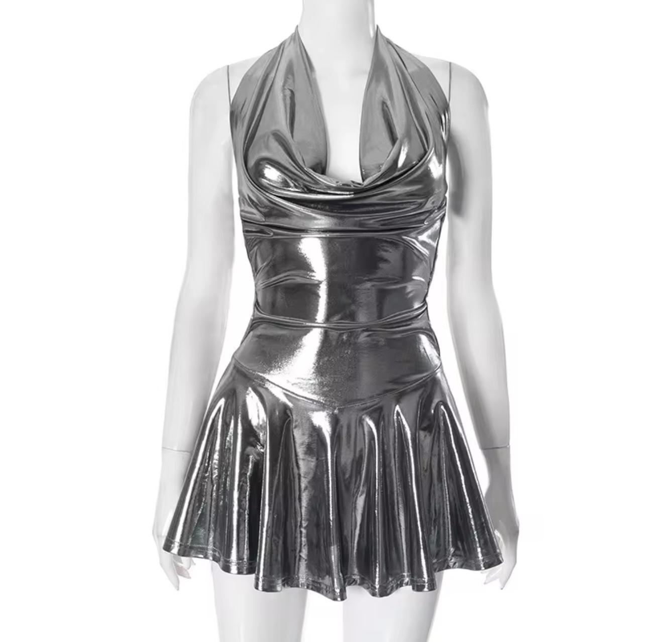 UCVOGUE Silver sexy ruffles mini dress