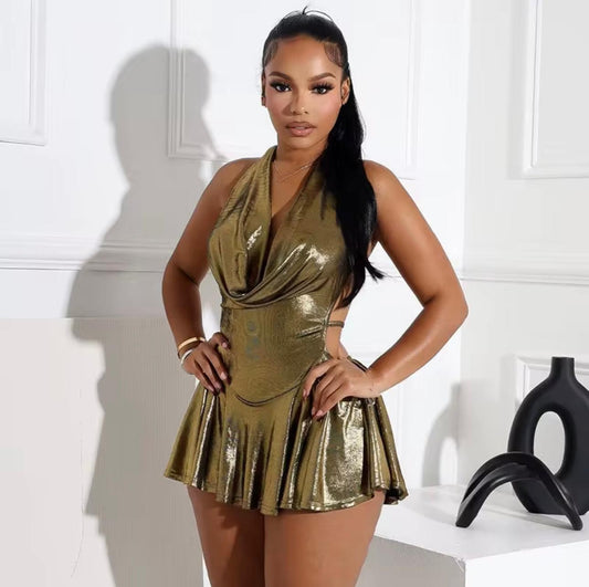 UCVOGUE Silver sexy ruffles mini dress