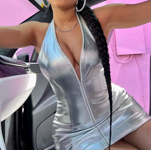 UCVOGUE silver halter zipper down mini sexy dress