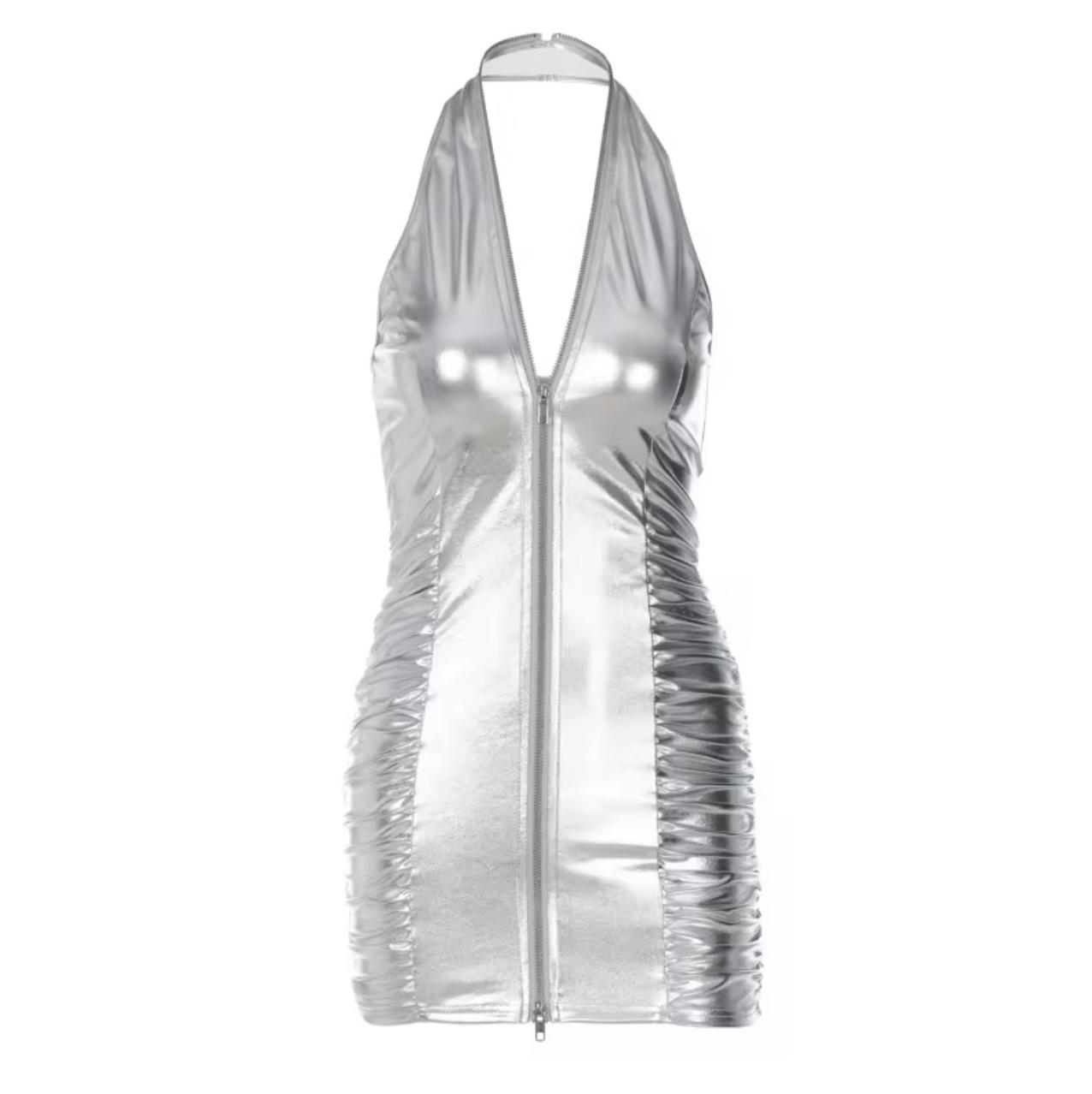 UCVOGUE silver halter zipper down mini sexy dress