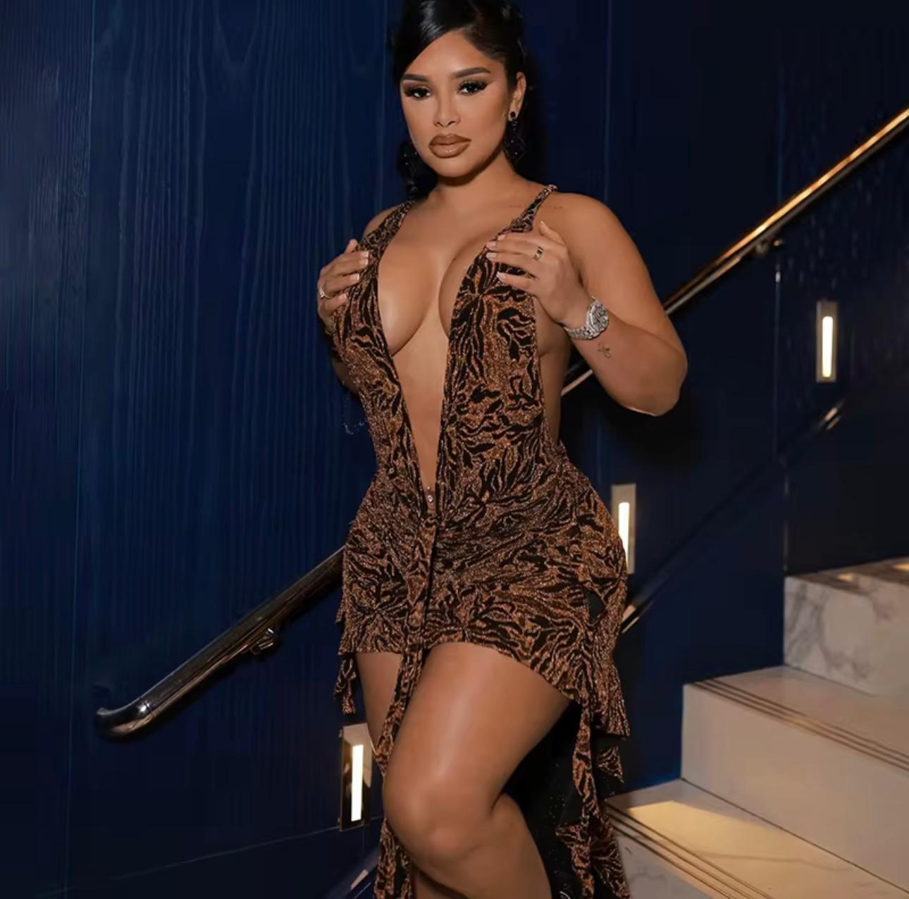 UCVOGUE halter ruffles sexy cut mini dress