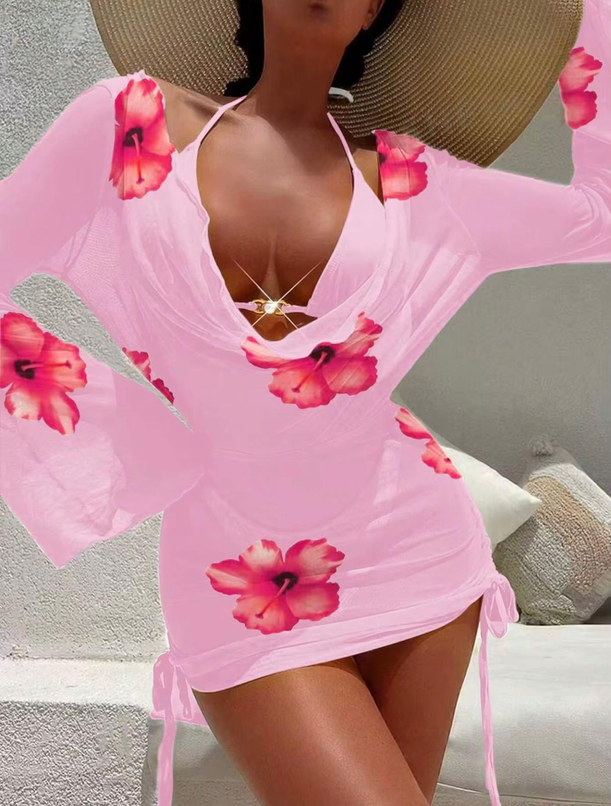 UCVOGUE long sleeve Hibiscus bikini cover- up