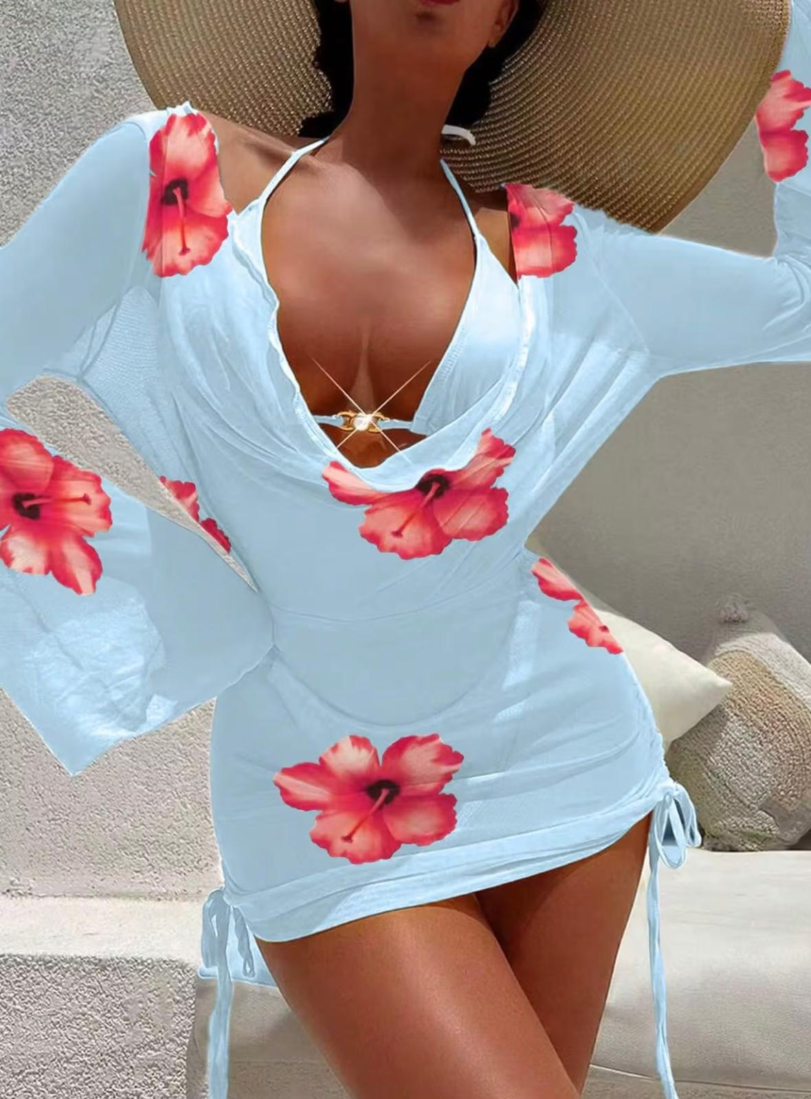 UCVOGUE long sleeve Hibiscus bikini cover- up