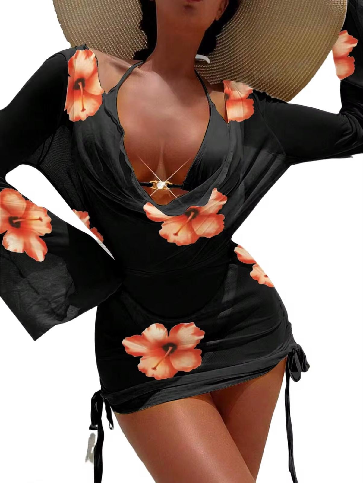 UCVOGUE long sleeve Hibiscus bikini cover- up