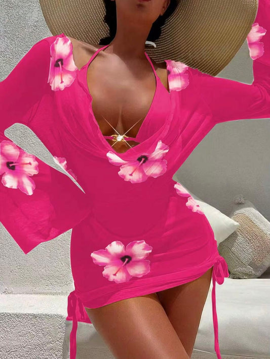UCVOGUE long sleeve Hibiscus bikini cover- up