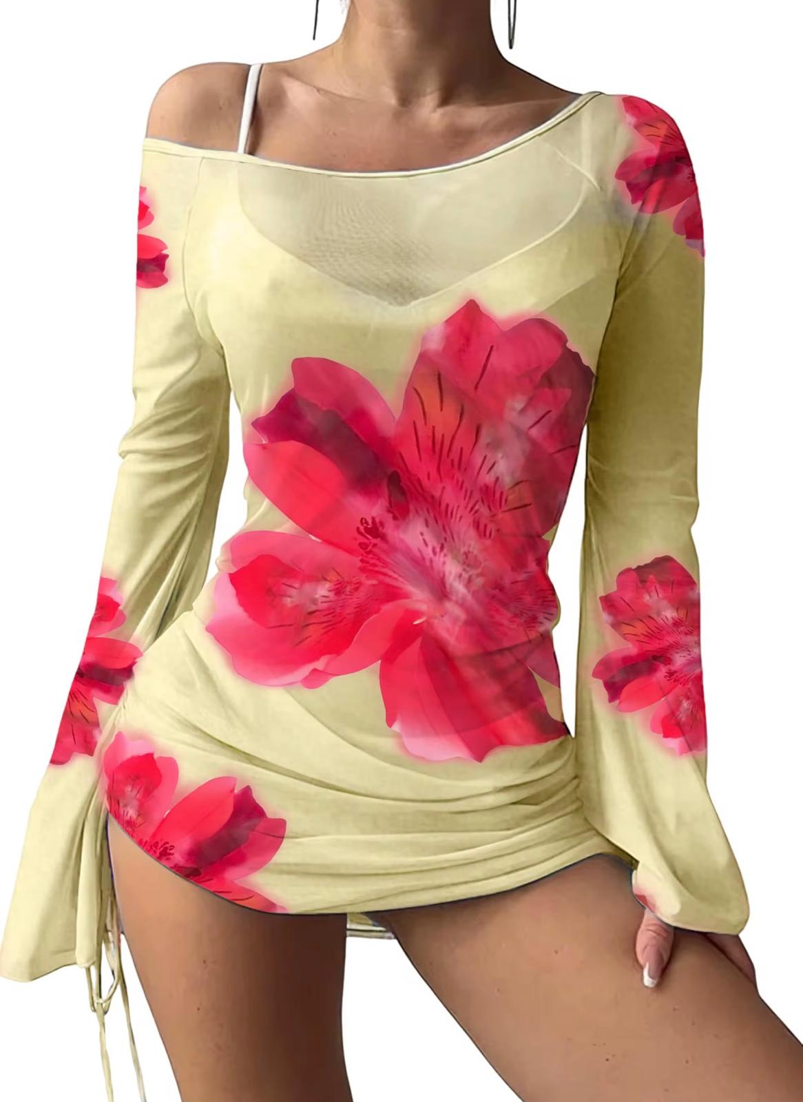 UCVOGUE hibiscus flowers mesh bikini coverup