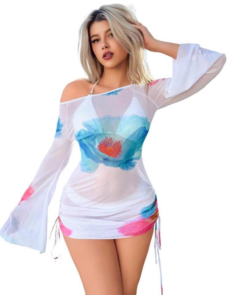 UCVOGUE hibiscus flowers mesh bikini coverup