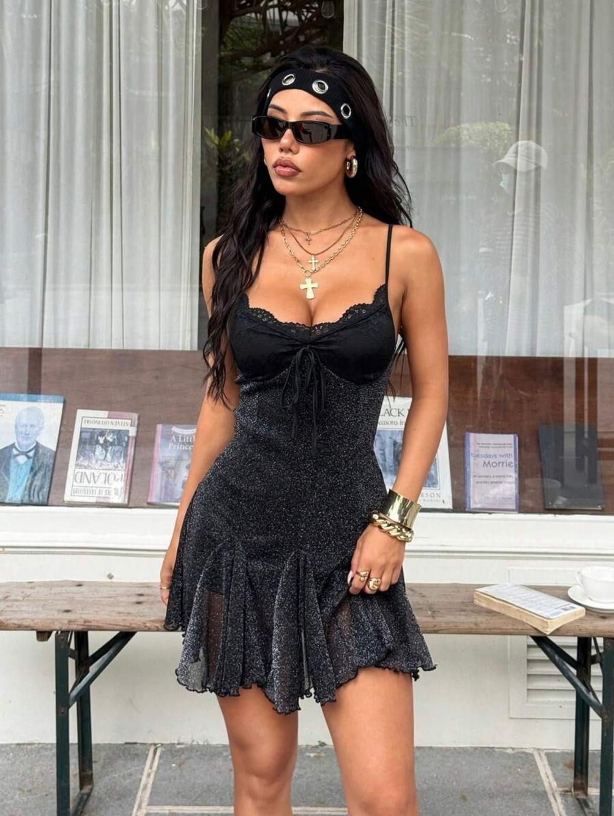 UCVOGUE mesh glitter mini dress