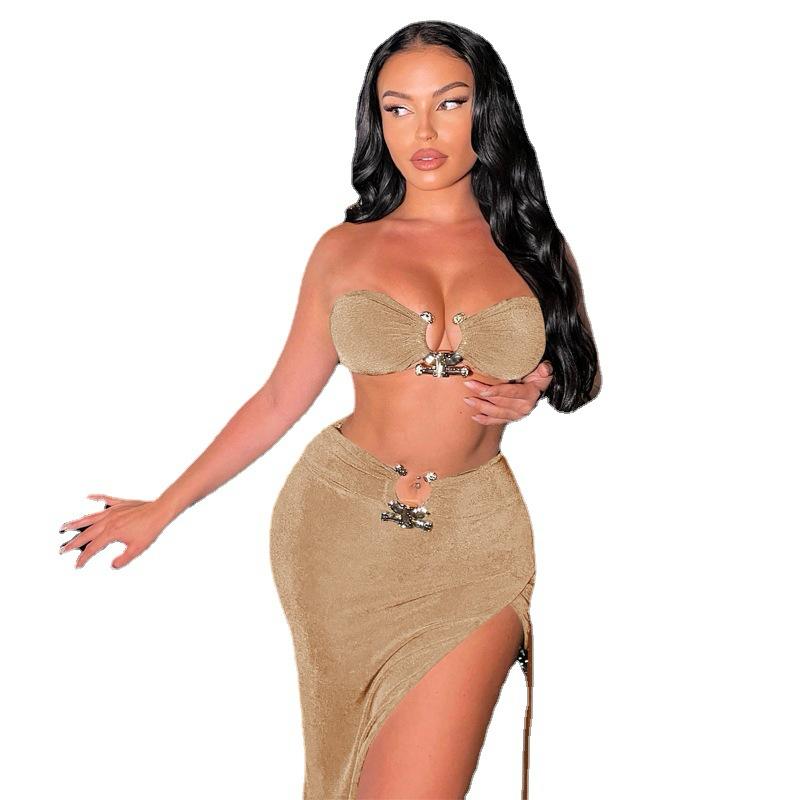 UCVOGUE matching detail long open split skirt & top