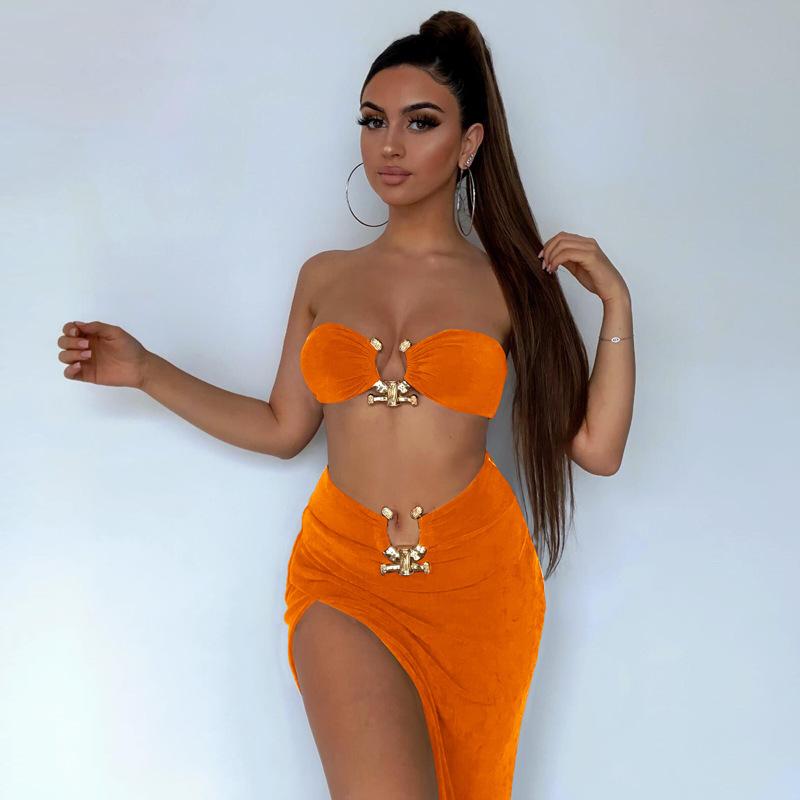 UCVOGUE matching detail long open split skirt & top