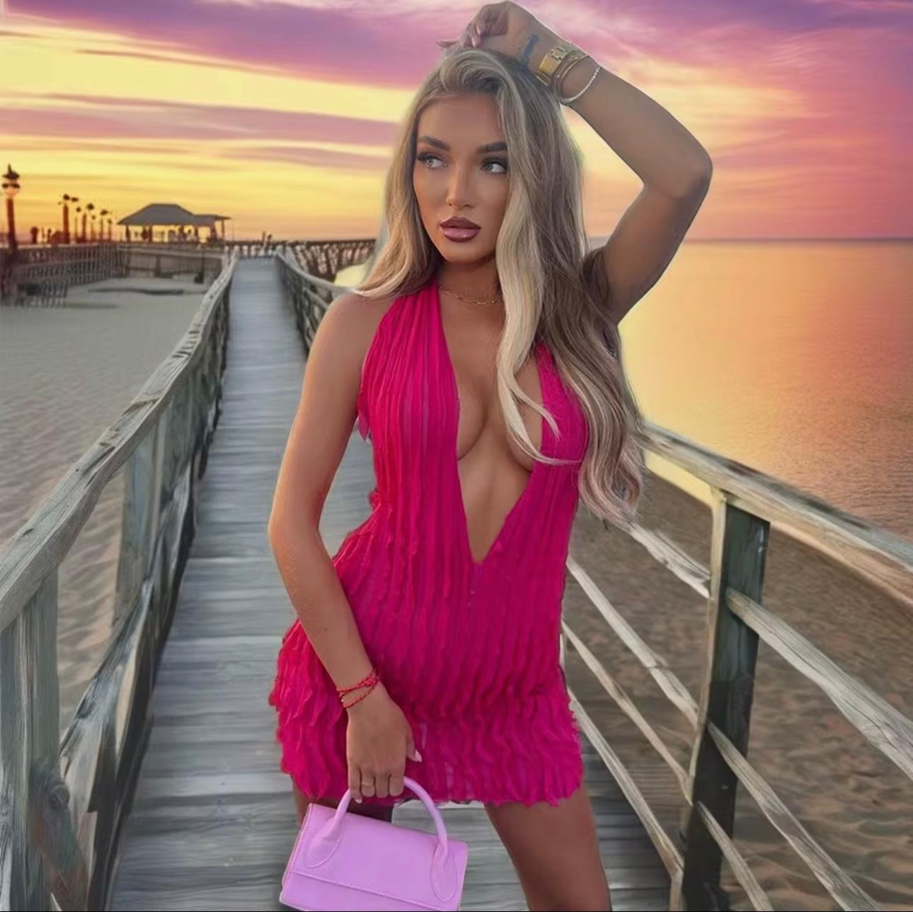 UCVOGUE Spring dress ripple v-neck sexy short dress