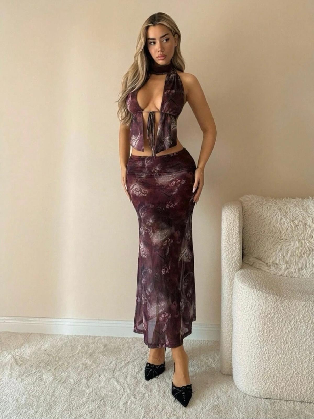 UCVOGUE sexy back matching long skirt and top