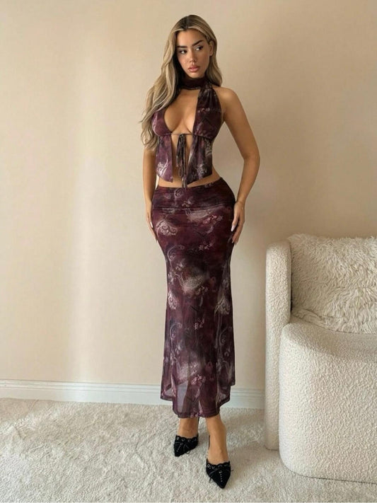 UCVOGUE sexy back matching long skirt and top