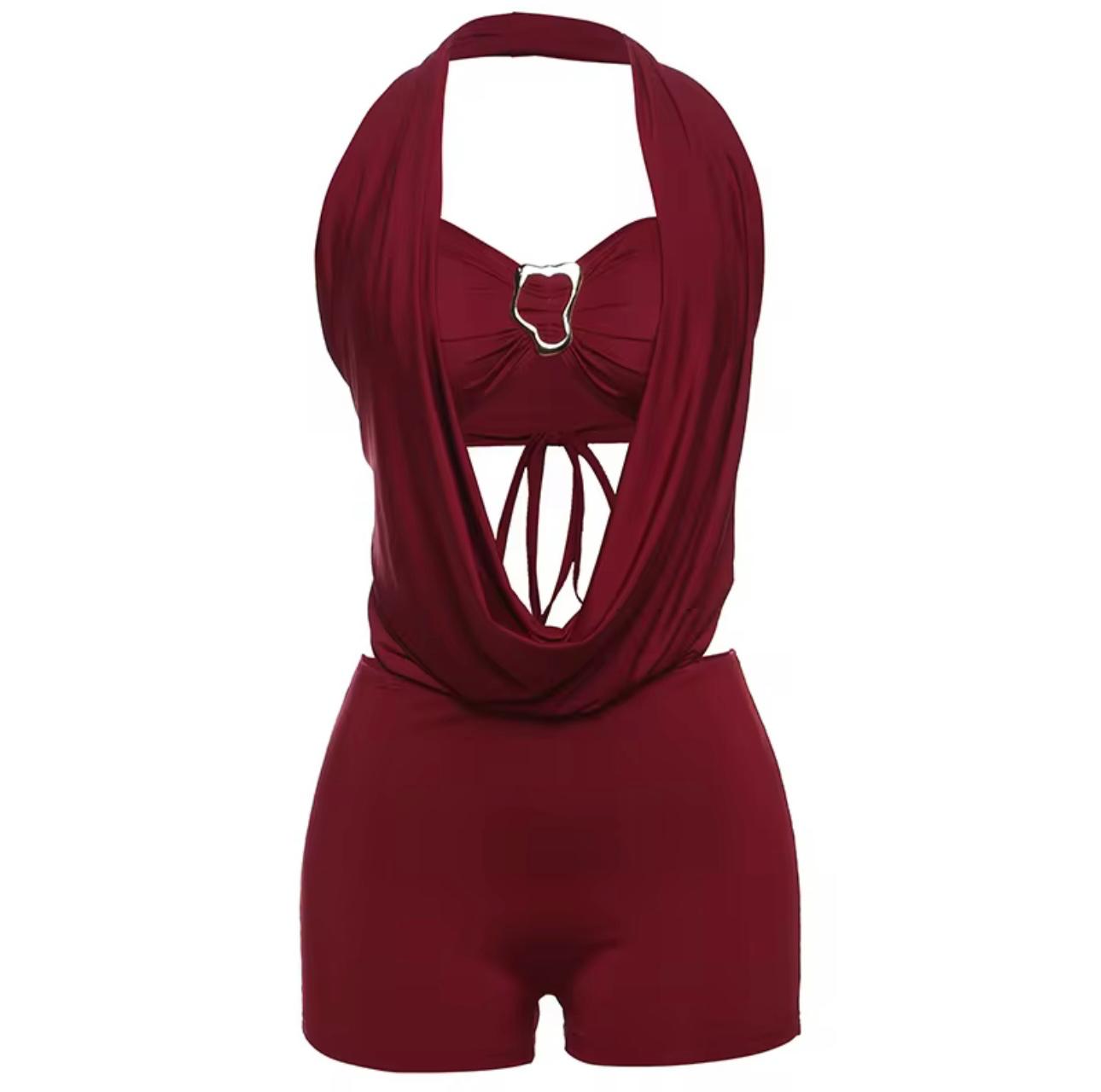 UCVOGUE summer sexy cloth stretch two piece short set with backless halter tube top