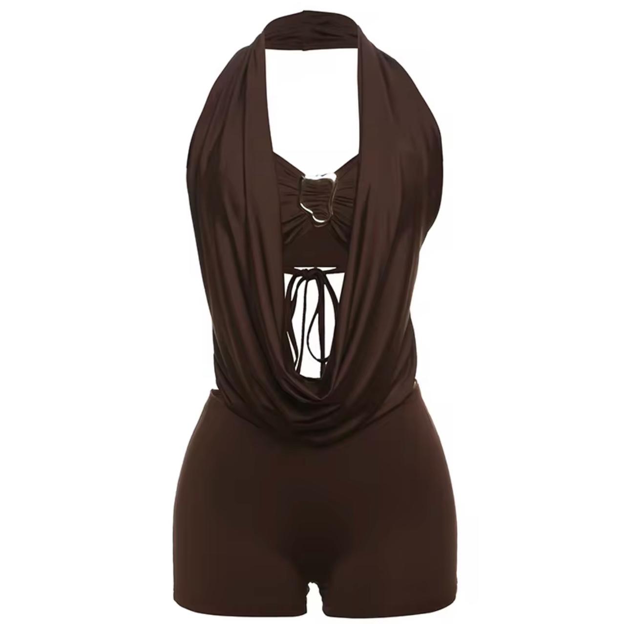 UCVOGUE summer sexy cloth stretch two piece short set with backless halter tube top