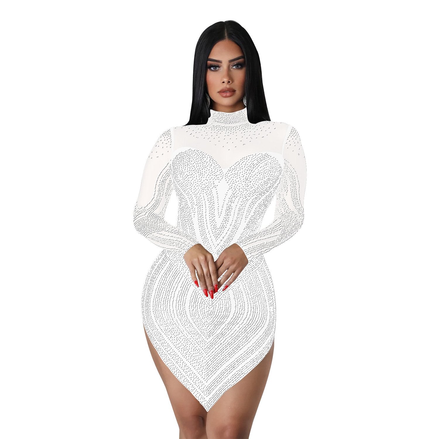 Mesh Diamond Long Sleeved Short Dress