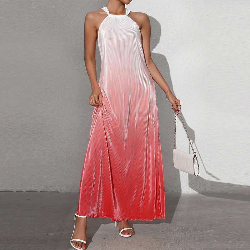Gradient neck hanging A-line long skirt