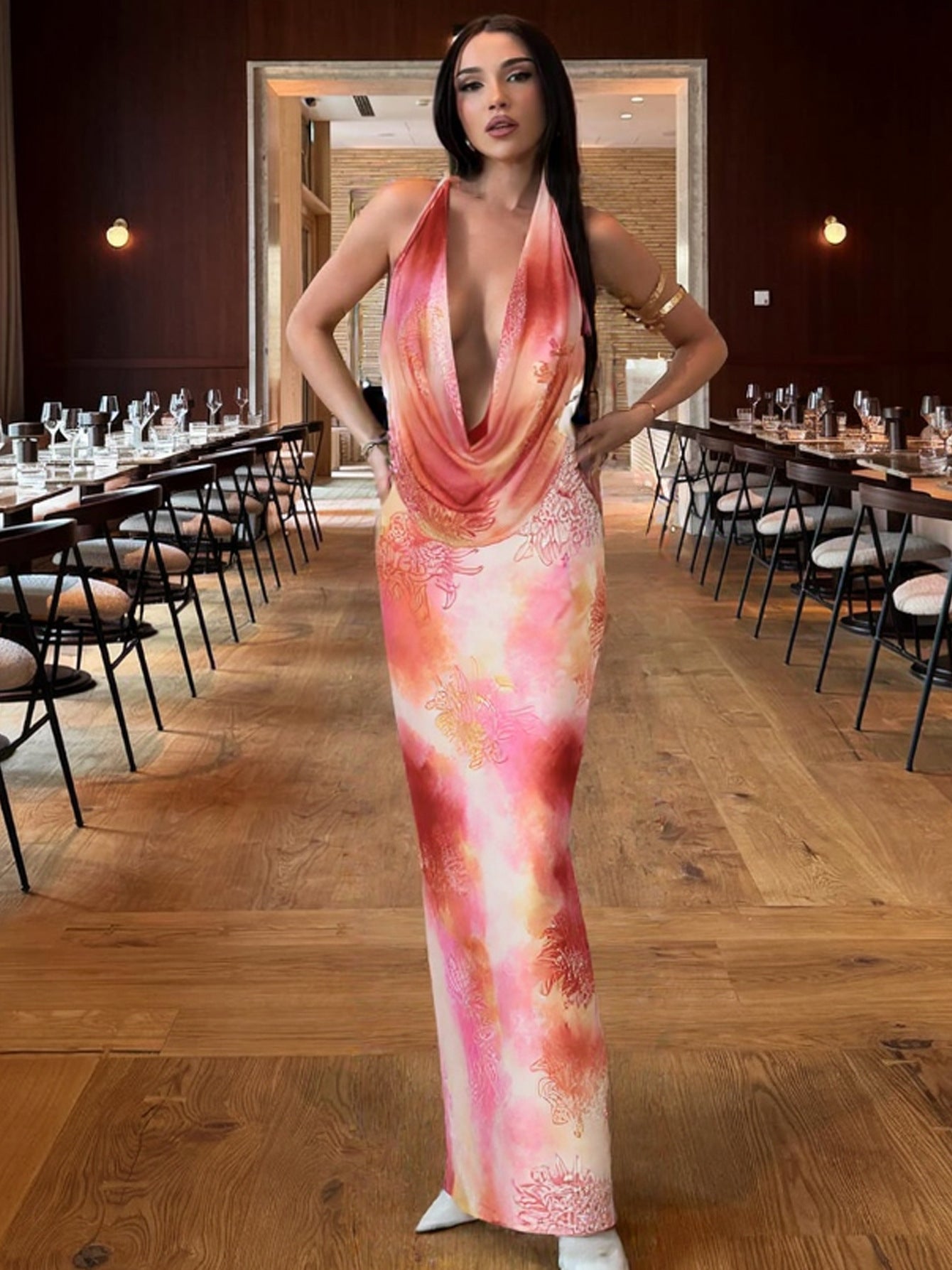 Fashionable printed deep V-slit dress