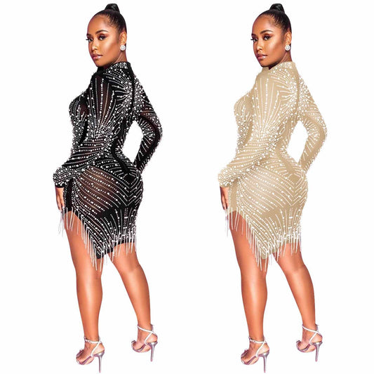 Bead Tassel Round Neck Long Sleeved Dress