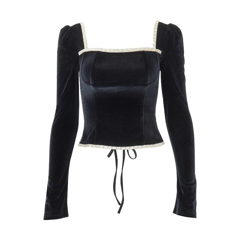 Square Neck Backless Strappy Long Sleeve Top