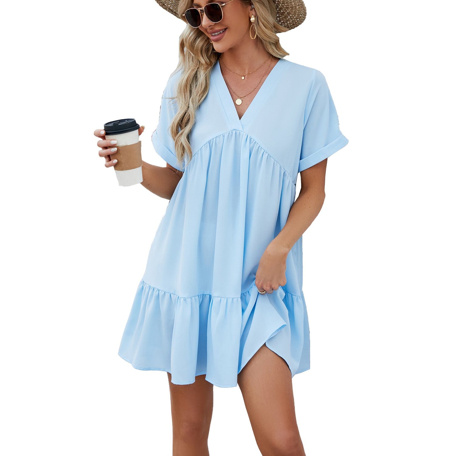 V-Neck Loose Pleated Dress