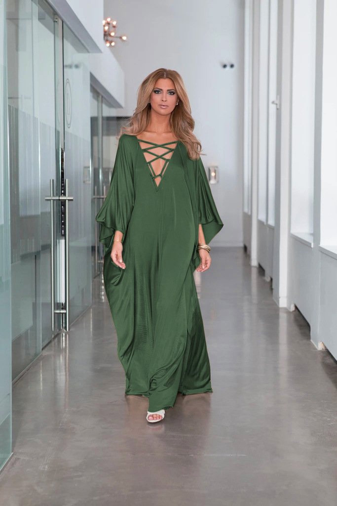 Loose-fitting Dress With Leg Slit And Wide Sleeves With Crossover Neckline And Straps