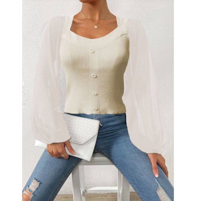 Knitted Splicing Long Sleeved Top Sweater