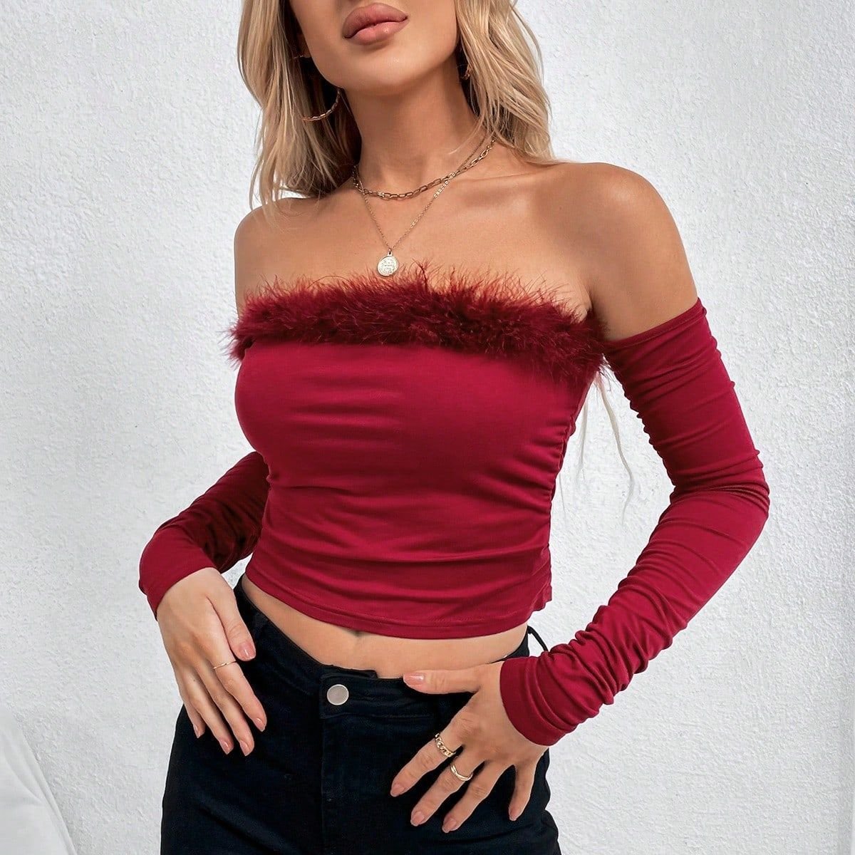 Long Sleeve Top With Faux Fur Trims