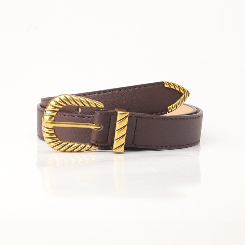 Three-Piece Leather Belt with Golden Buckle