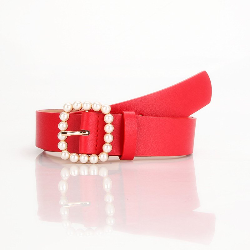 Pu Belt Square Buckle Point Pearl Sweet Elegant Dress