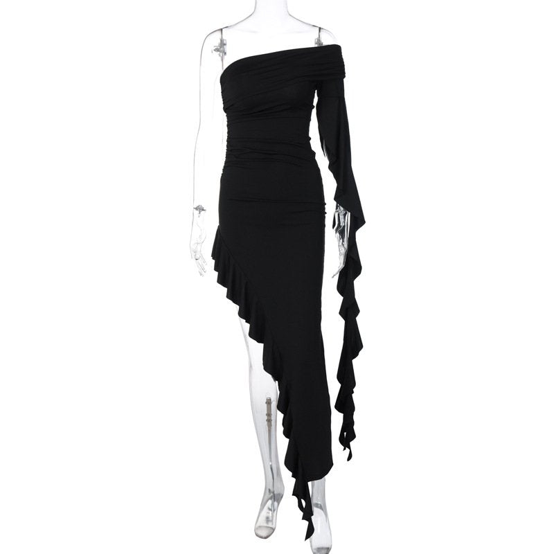 One Shoulder Pleated Slim Dress