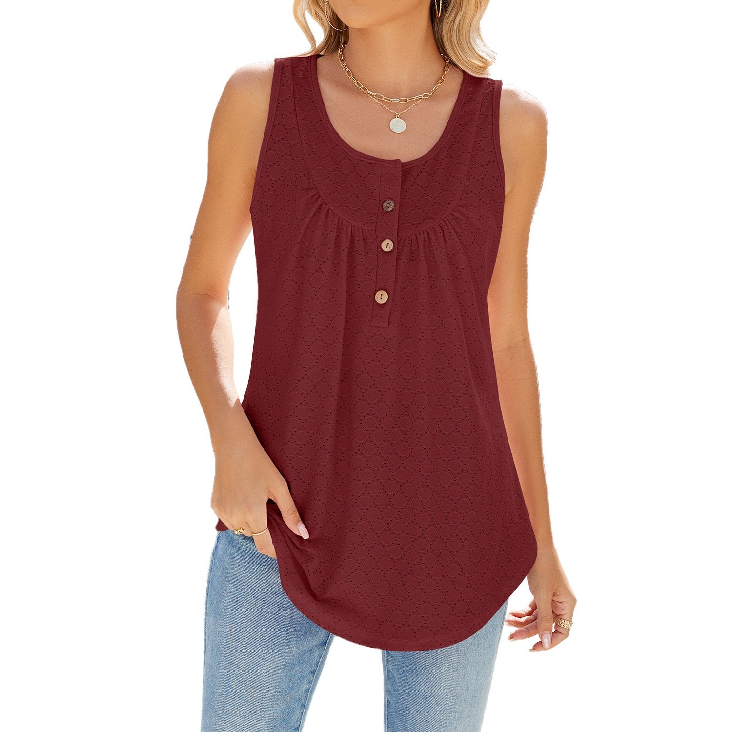 Pure Color Round Necked Button Down Tank Top Sleeveless