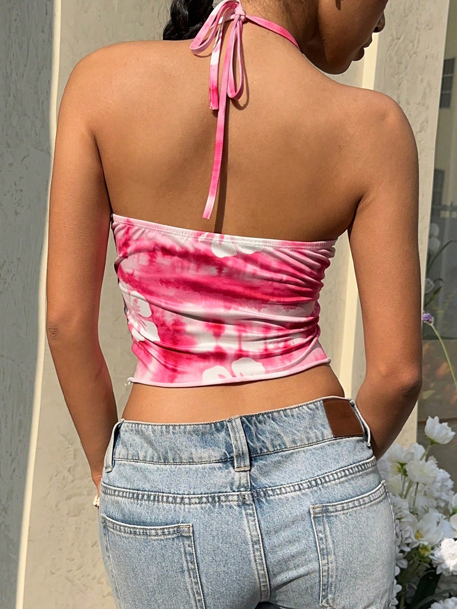 Sexy tie dye neck strapless vest