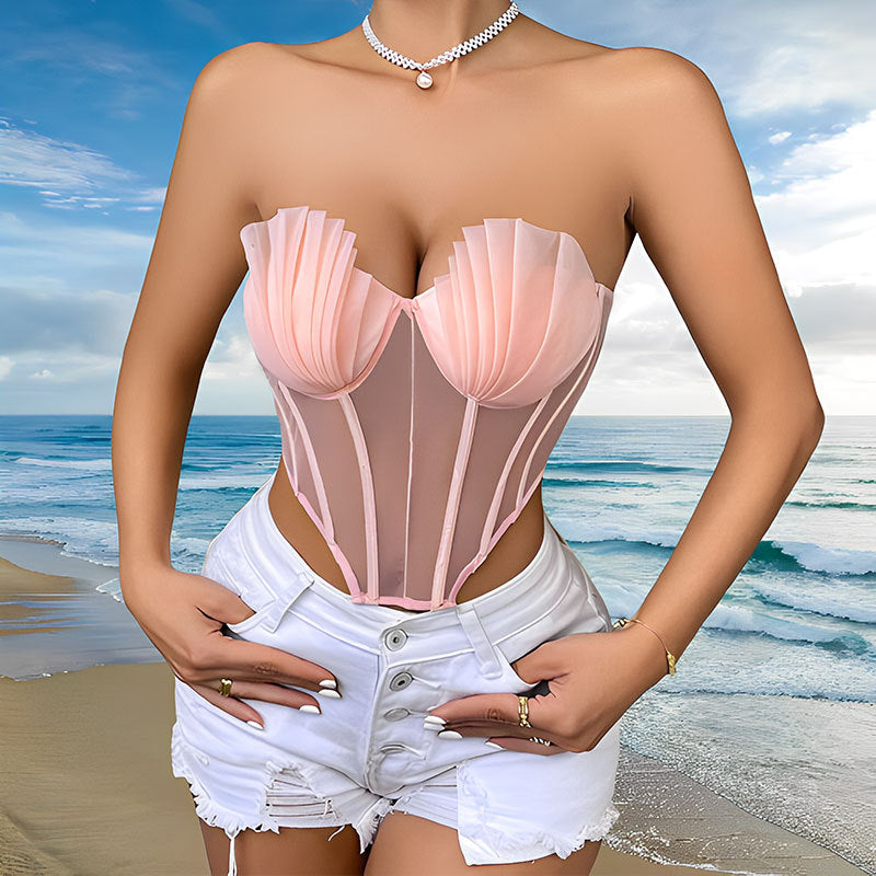 Shell three-dimensional mesh multi-layer strapless top