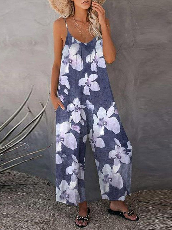 Print Casual Sleeveless Loose Wide Leg Jumpsuit For Summer