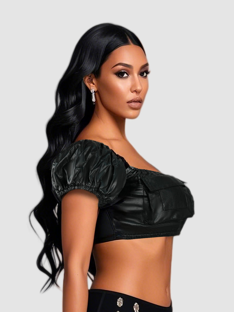 Sexy one shoulder PU leather strapless top
