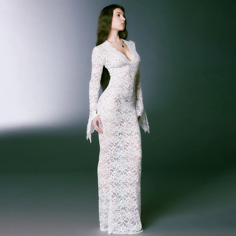 Transparent Lace Dress With Bell Sleeves