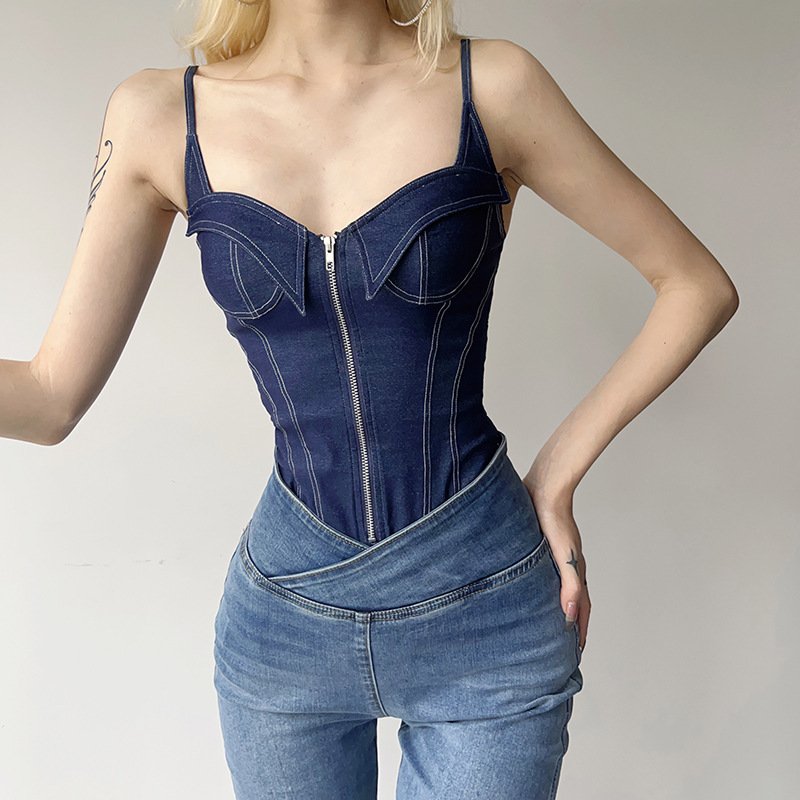 Denim Bodysuit With Straps And Zipper Neckline