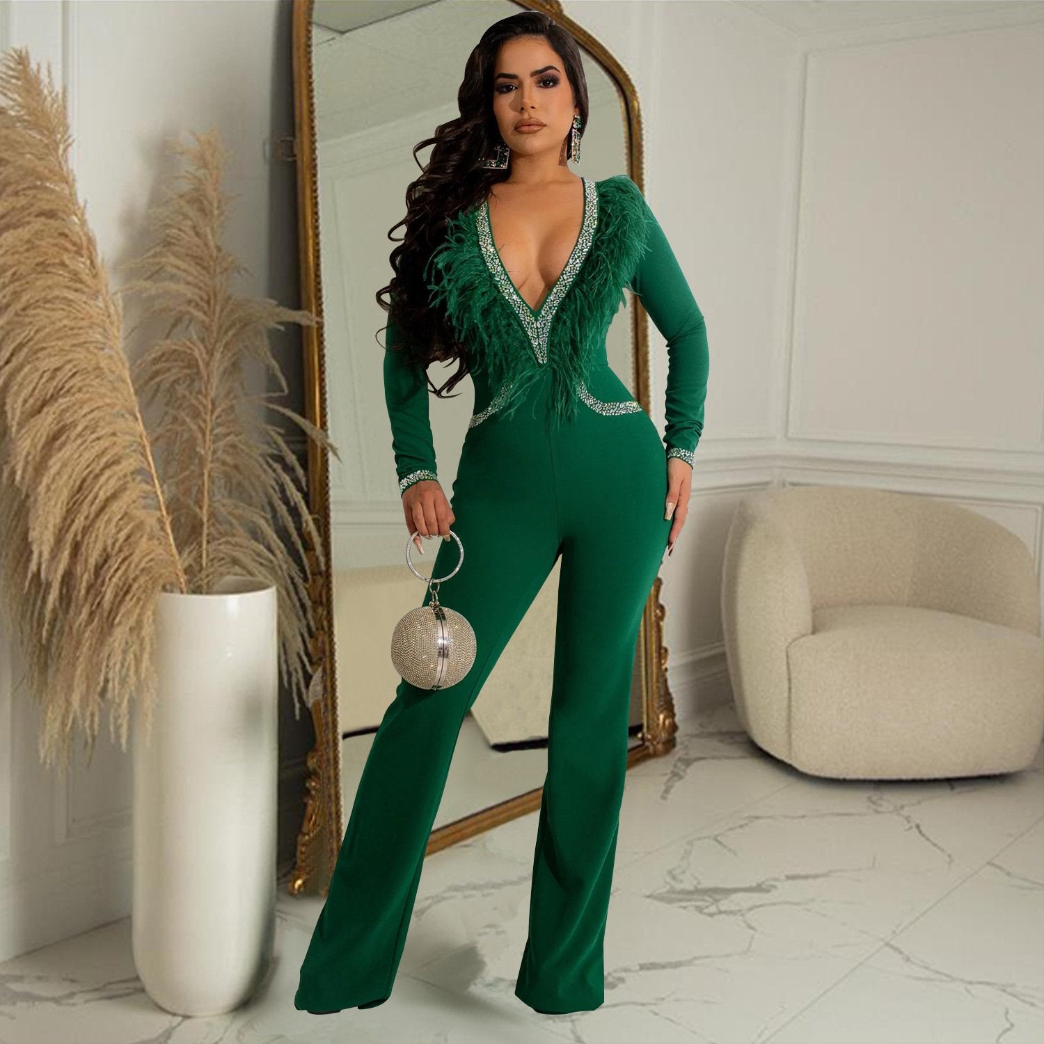 V Neck Long Sleeved Pants Jumpsuit