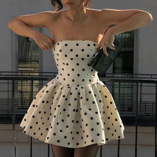 Fashionable polka dot retro strapless dress